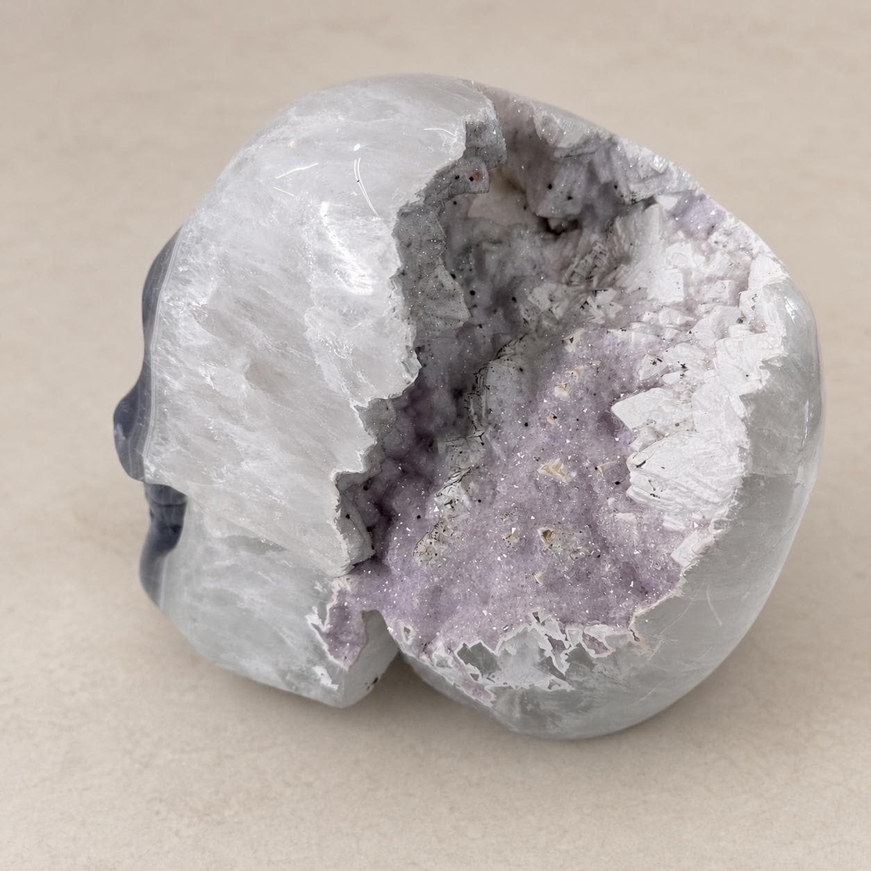 Brazilian Agate Skull with Pink and White Sugar Amethyst, Large Crystal Carving, Exact Piece - view 6