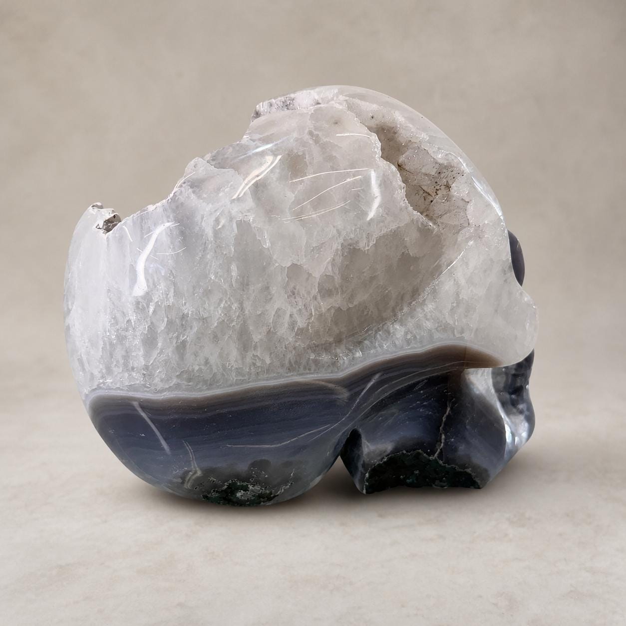 Brazilian Agate Skull with Pink and White Sugar Amethyst, Large Crystal Carving, Exact Piece - view 8