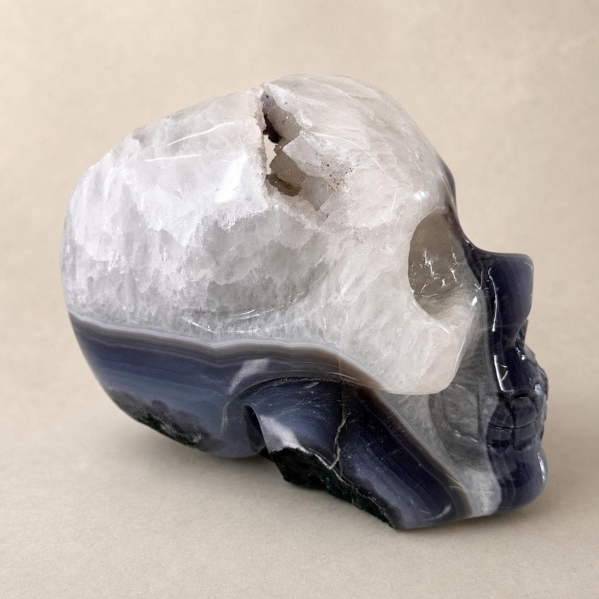 Brazilian Agate Skull with Pink and White Sugar Amethyst, Large Crystal Carving, Exact Piece - view 9