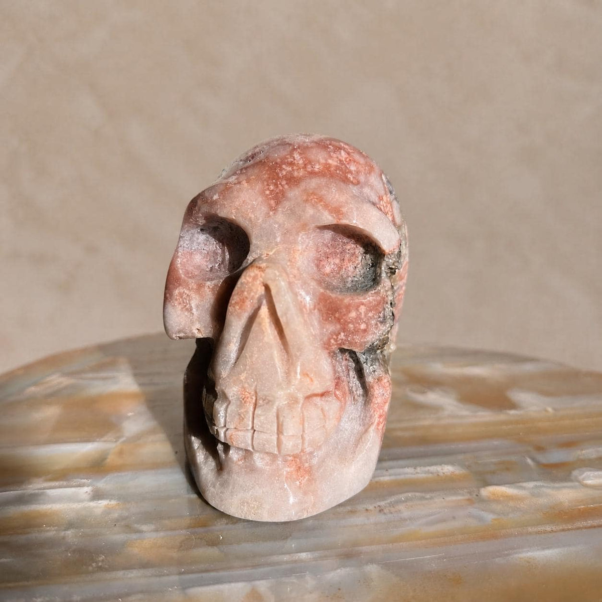 Brazilian Pink Amethyst Skull, Coral Druzy Crystal Carving, Exact Specimen - view 2