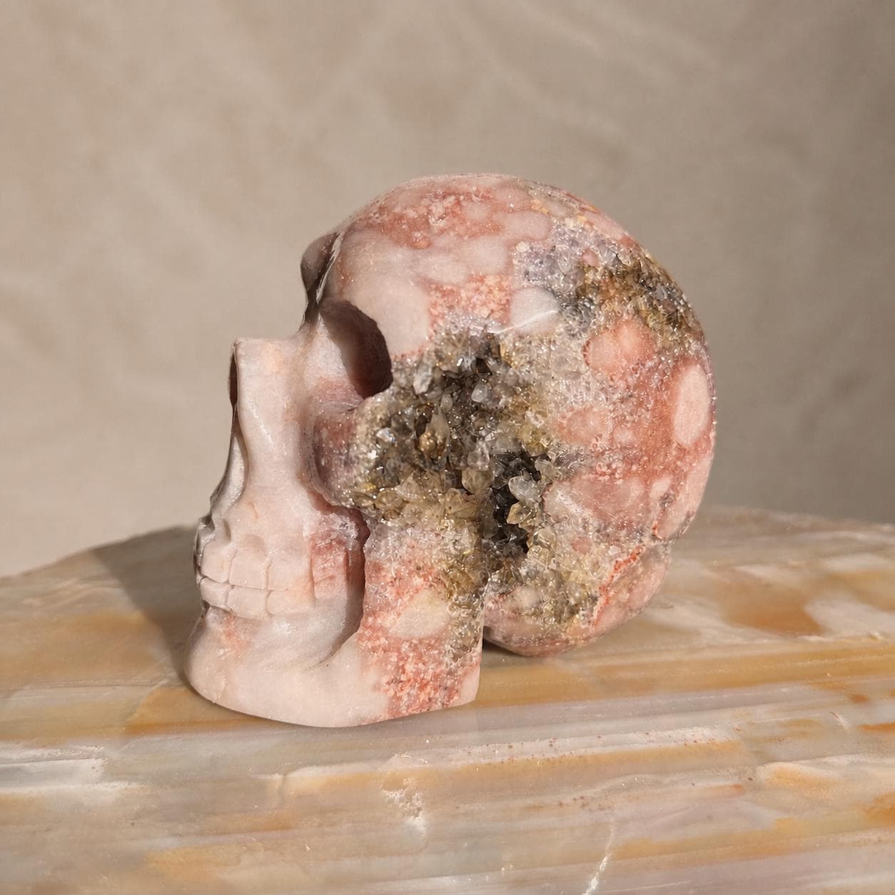 Brazilian Pink Amethyst Skull, Coral Druzy Crystal Carving, Exact Specimen - view 3