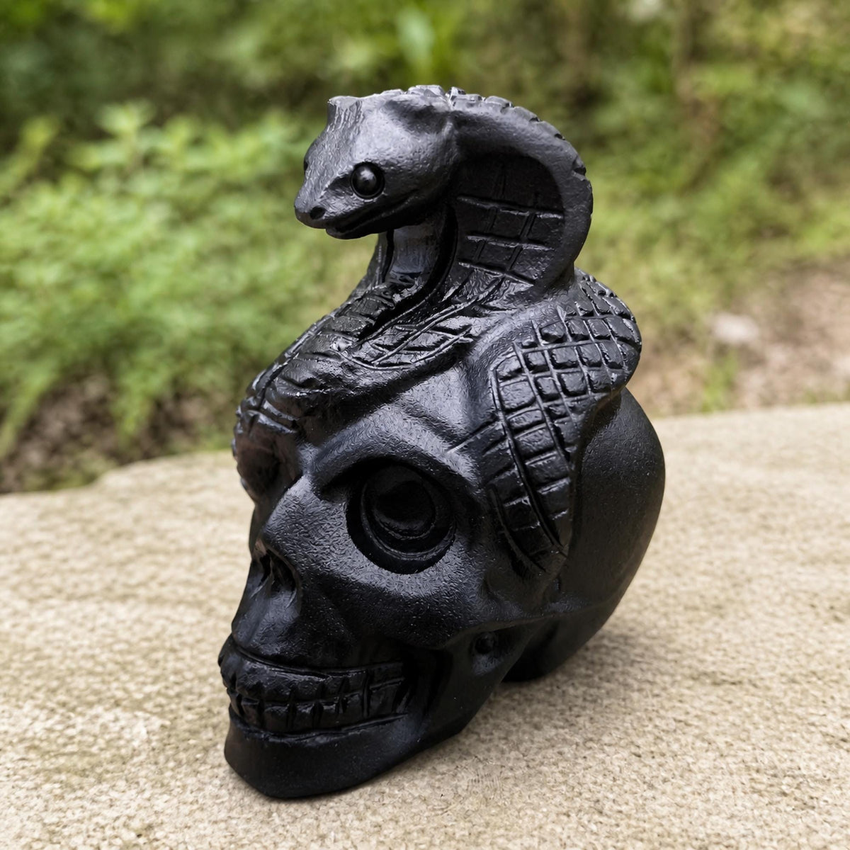 Black Obsidian Skull and Snake Carving, Gothic Crystal Figurine, Exact Piece - view 2