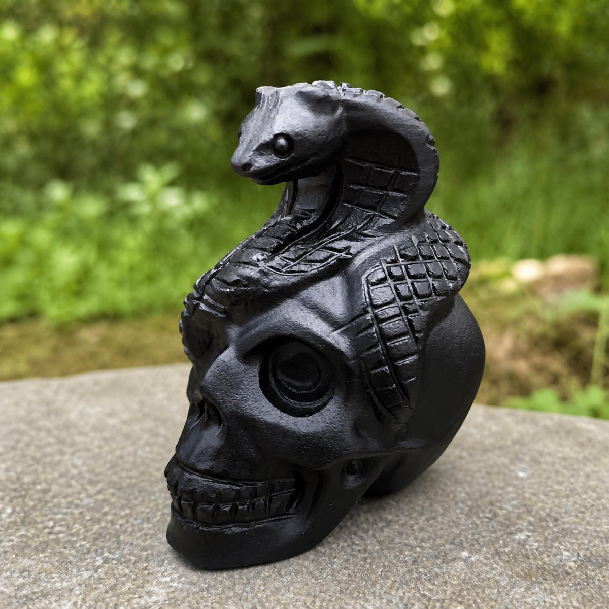 Black Obsidian Skull and Snake Carving, Gothic Crystal Figurine, Exact Piece - view 5