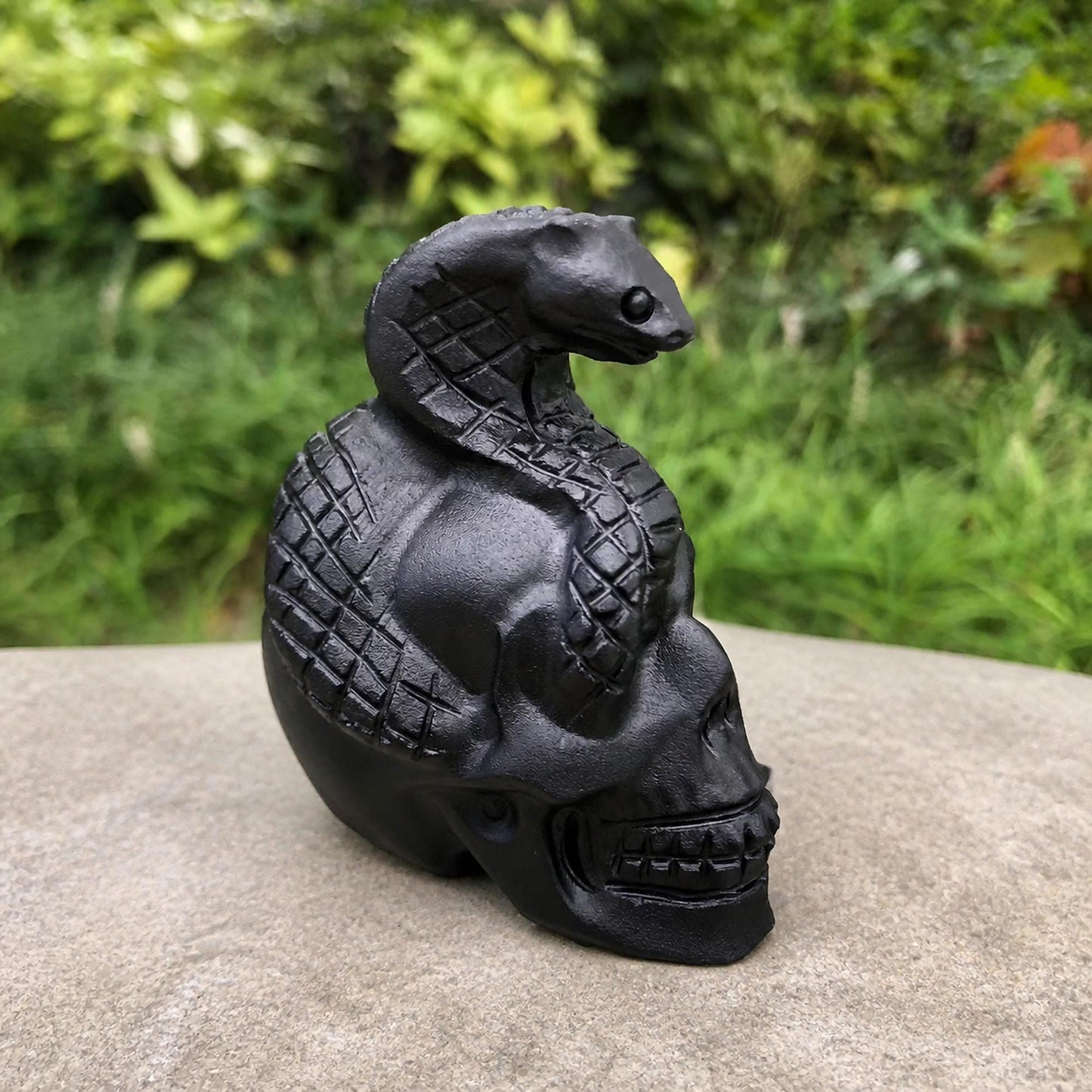 Black Obsidian Skull and Snake Carving, Gothic Crystal Figurine, Exact Piece - view 3