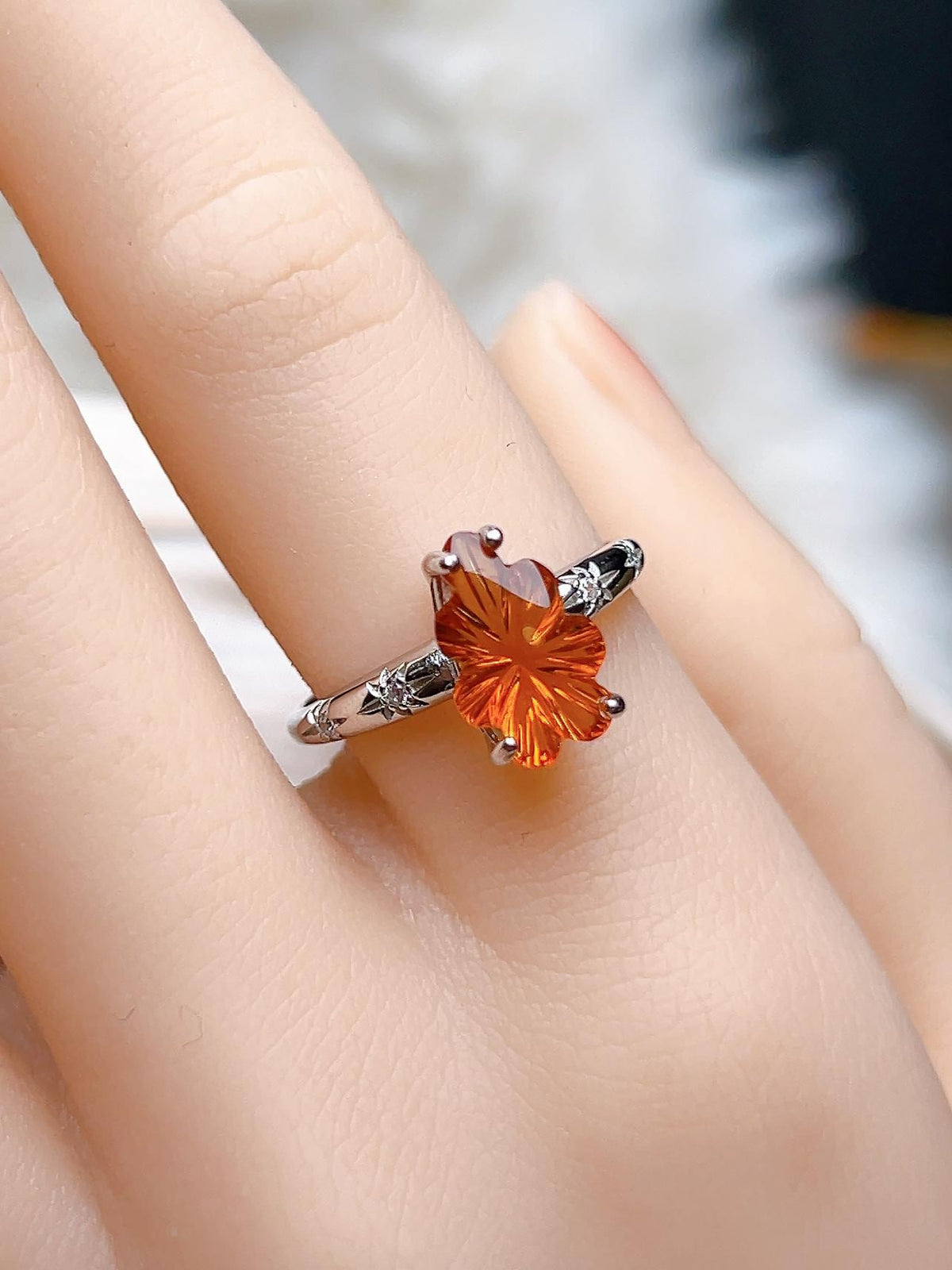 Natural Citrine Sunburst Floral Ring, S925 Sterling Silver - view 6