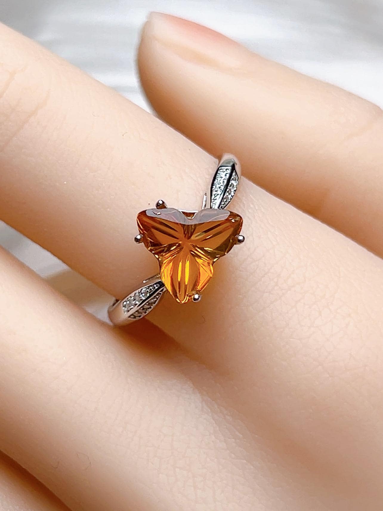 Natural Citrine Pear Floral Ring, S925 Sterling Silver - view 3