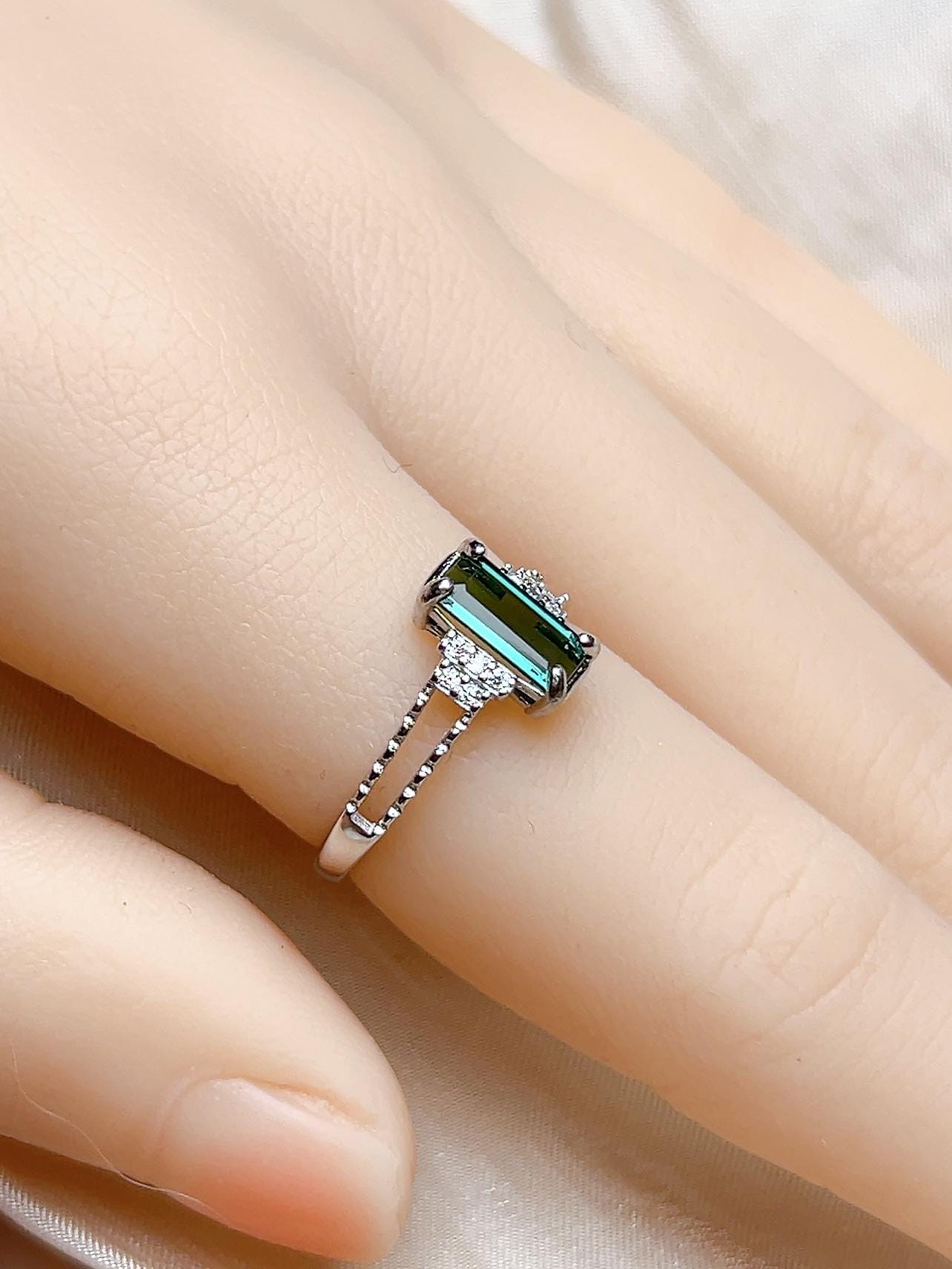 Natural Blue Green Tourmaline Emerald Cut Ring, S925 Sterling Silver - view 6