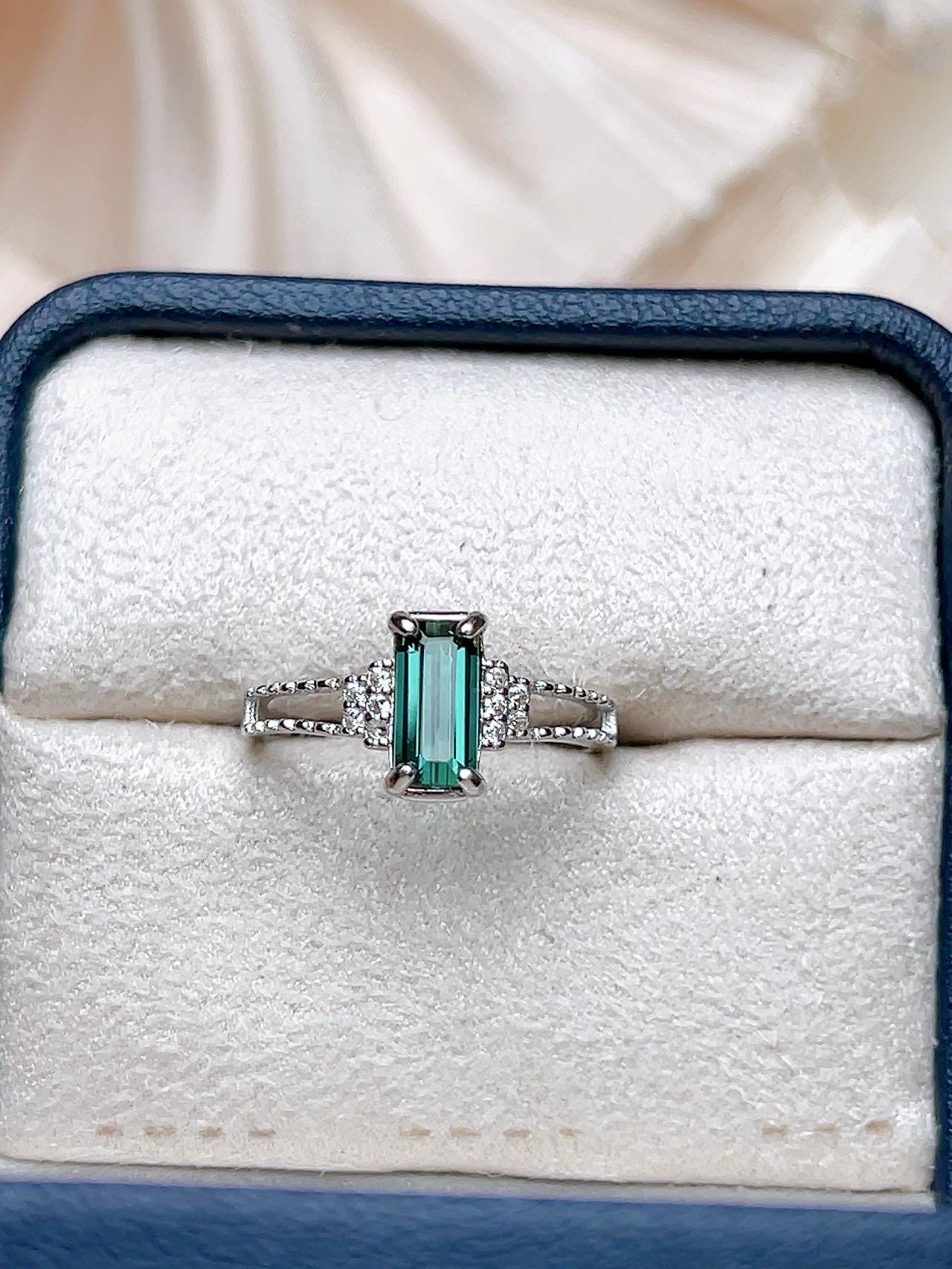 Natural Blue Green Tourmaline Emerald Cut Ring, S925 Sterling Silver - view 5