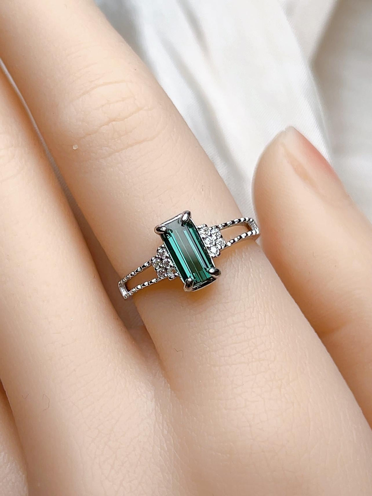 Natural Blue Green Tourmaline Emerald Cut Ring, S925 Sterling Silver - view 9