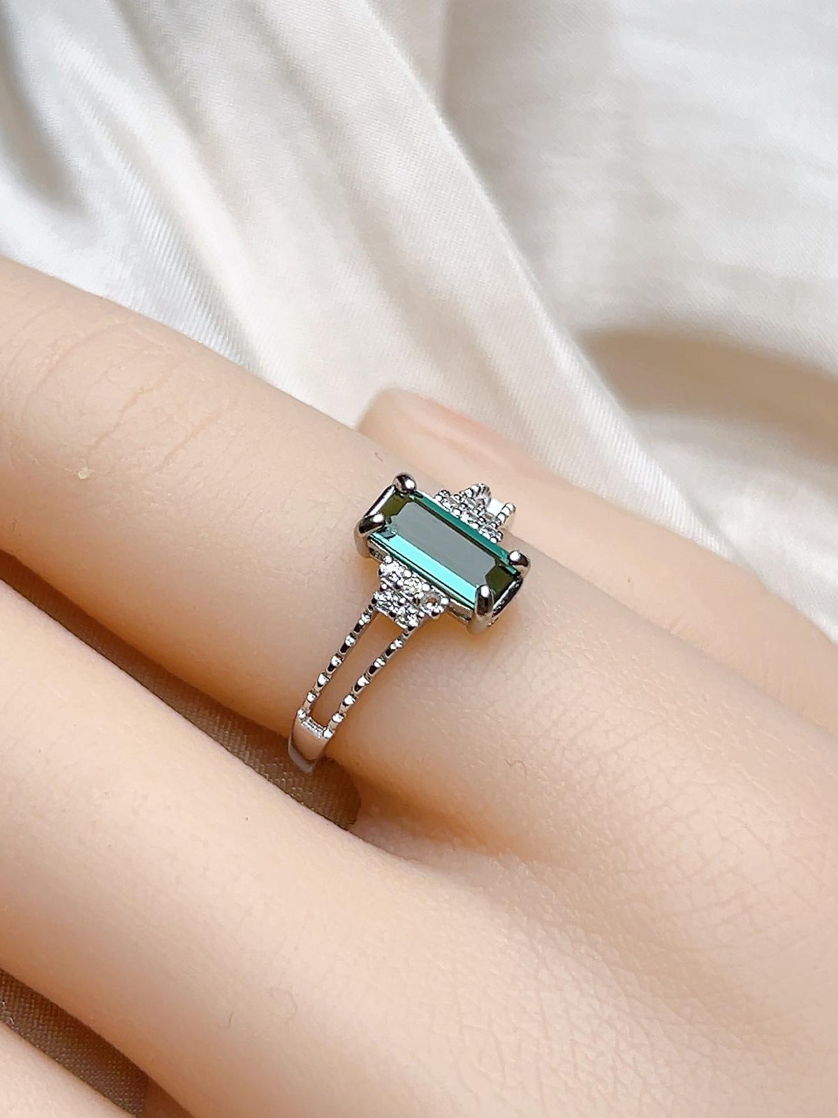 Natural Blue Green Tourmaline Emerald Cut Ring, S925 Sterling Silver - view 7