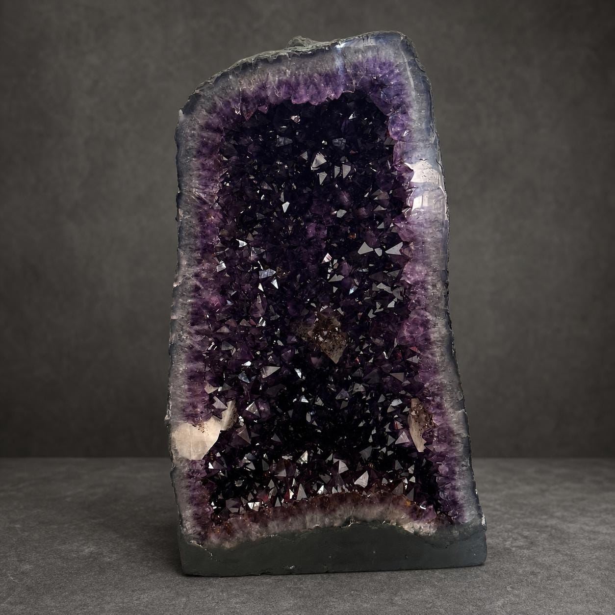Top Grade Brazilian Amethyst Geode with Calcite and Golden Rutile Inclusions, Natural Outer Rind Crystal Cave, 33.4kg Exact Specimen - view 4