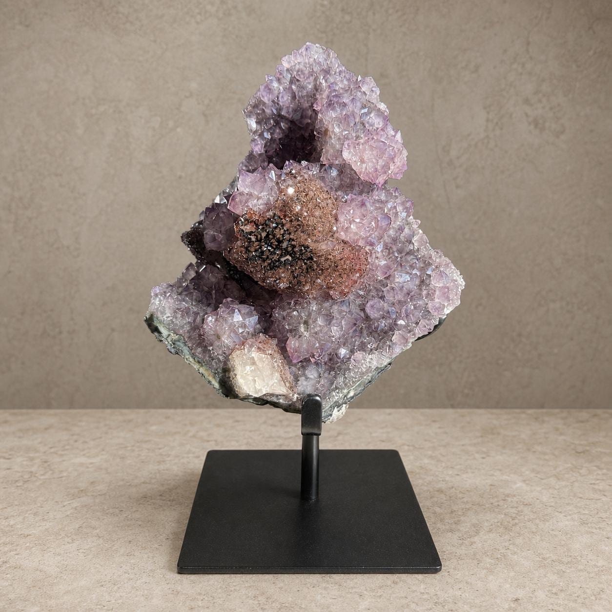 Brazilian Amethyst and Red Calcite Cluster, Crystal Display on Metal Stand, Exact Specimen - view 1
