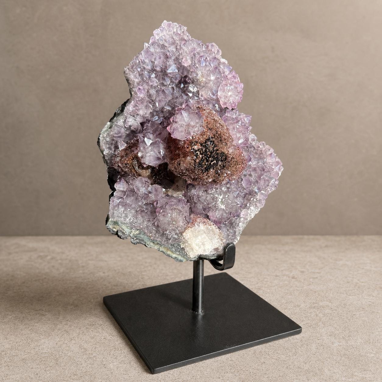 Brazilian Amethyst and Red Calcite Cluster, Crystal Display on Metal Stand, Exact Specimen - view 2