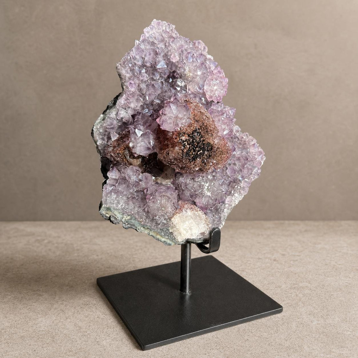 Brazilian Amethyst and Red Calcite Cluster, Crystal Display on Metal Stand, Exact Specimen - view 2