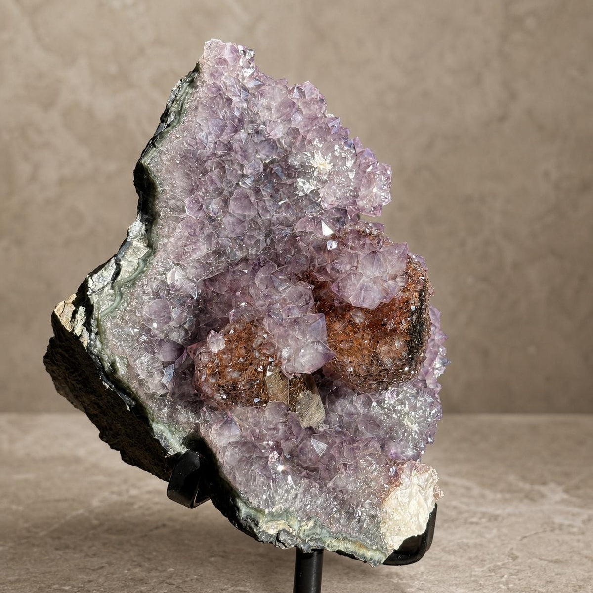 Brazilian Amethyst and Red Calcite Cluster, Crystal Display on Metal Stand, Exact Specimen - view 3