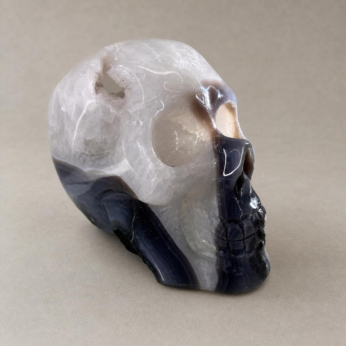 Brazilian Agate Skull with Pink and White Sugar Amethyst, Large Crystal Carving, Exact Piece - view 2