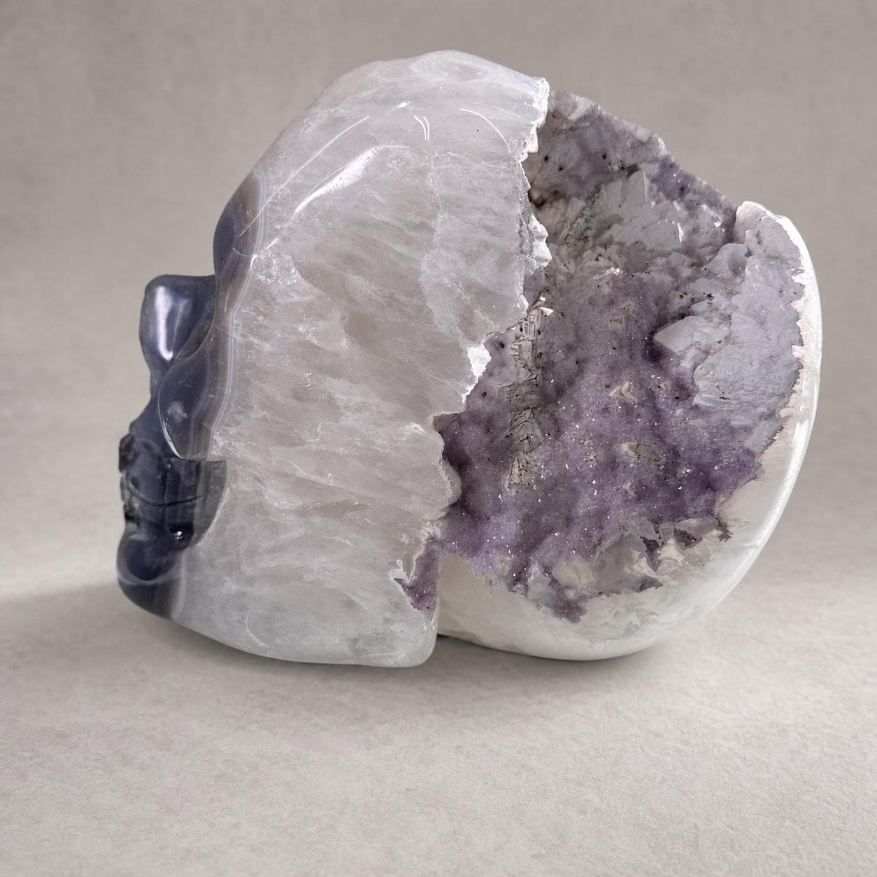 Brazilian Agate Skull with Pink and White Sugar Amethyst, Large Crystal Carving, Exact Piece - view 4