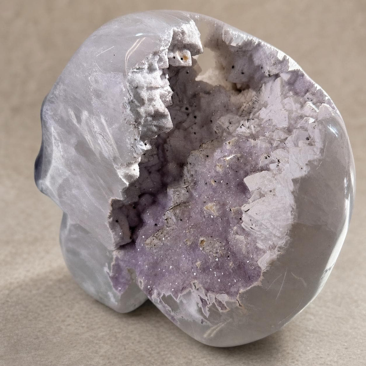 Brazilian Agate Skull with Pink and White Sugar Amethyst, Large Crystal Carving, Exact Piece - view 5