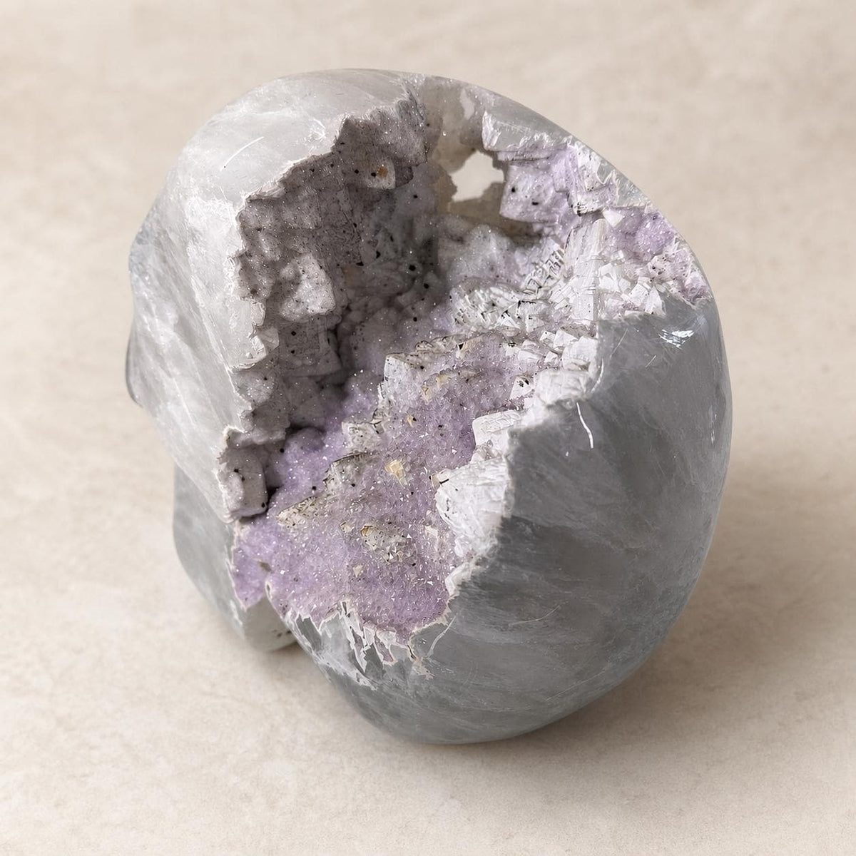 Brazilian Agate Skull with Pink and White Sugar Amethyst, Large Crystal Carving, Exact Piece - view 7