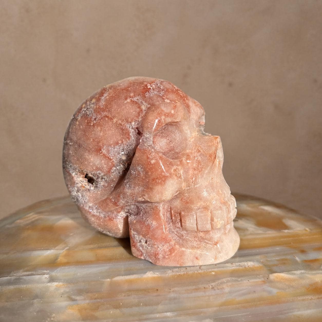Brazilian Pink Amethyst Skull, Coral Druzy Crystal Carving, Exact Specimen - view 1
