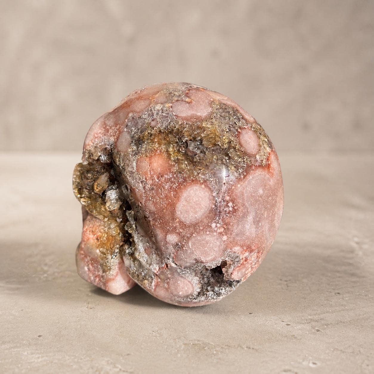 Brazilian Pink Amethyst Skull, Coral Druzy Crystal Carving, Exact Specimen - view 4