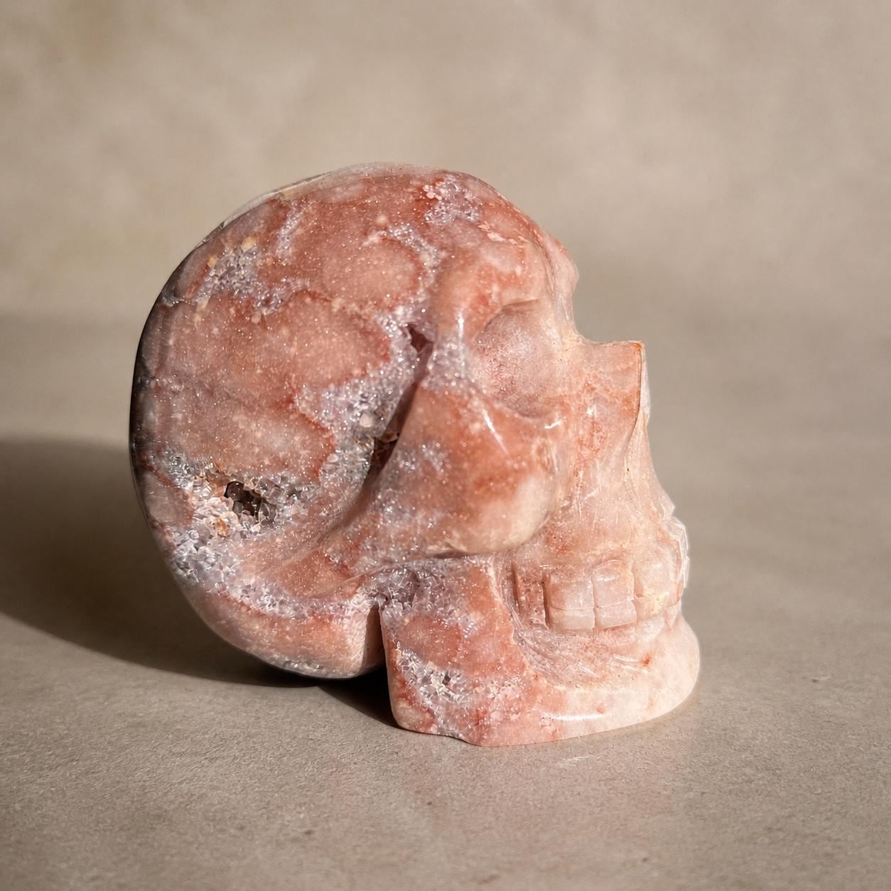 Brazilian Pink Amethyst Skull, Coral Druzy Crystal Carving, Exact Specimen - view 6