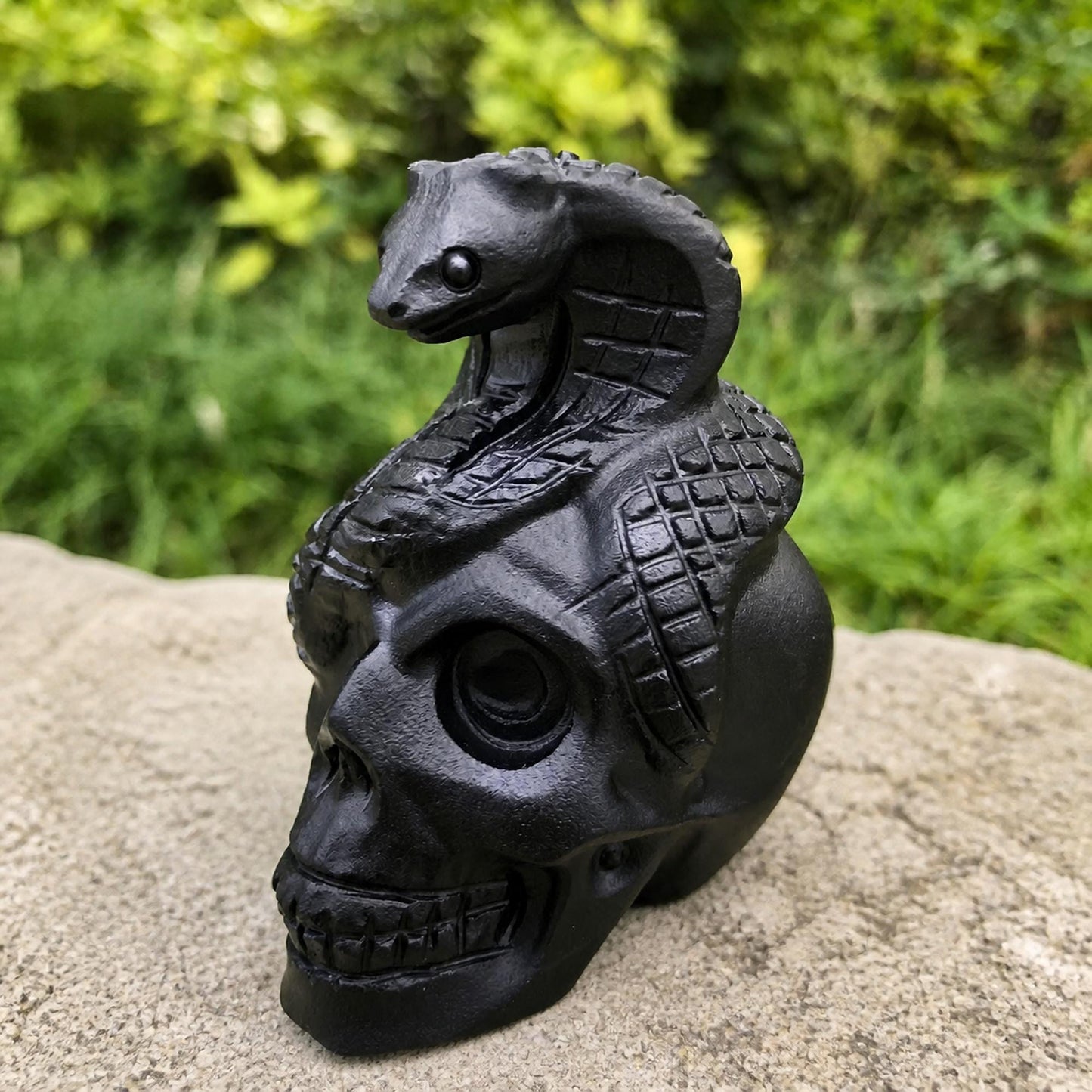 Black Obsidian Skull and Snake Carving, Gothic Crystal Figurine, Exact Piece - view 4