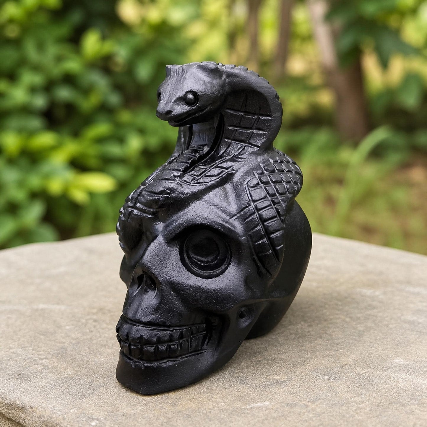 Black Obsidian Skull and Snake Carving, Gothic Crystal Figurine, Exact Piece - view 6
