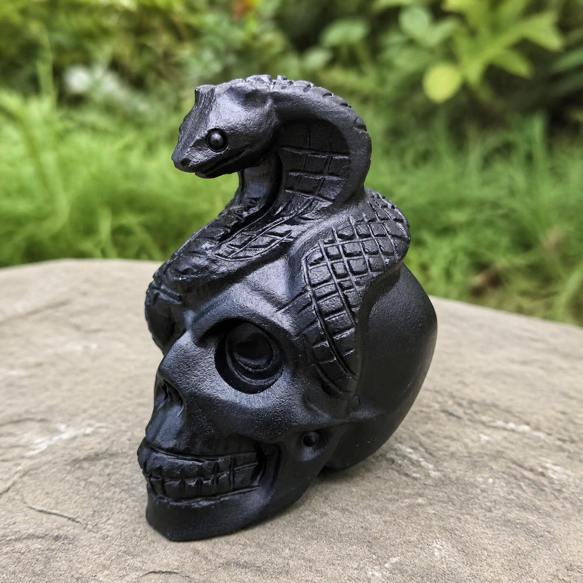 Black Obsidian Skull and Snake Carving, Gothic Crystal Figurine, Exact Piece - view 7