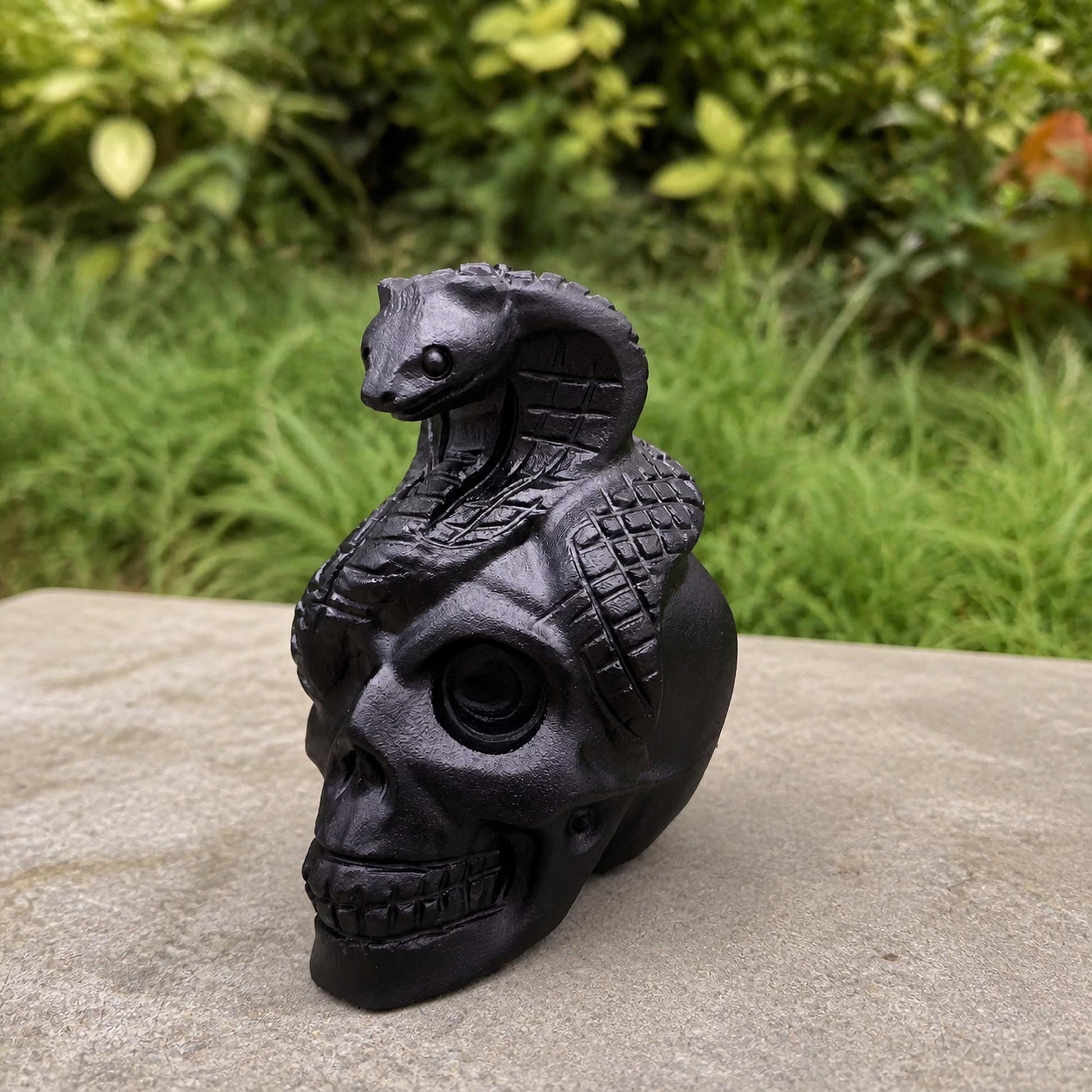 Black Obsidian Skull and Snake Carving, Gothic Crystal Figurine, Exact Piece - view 8