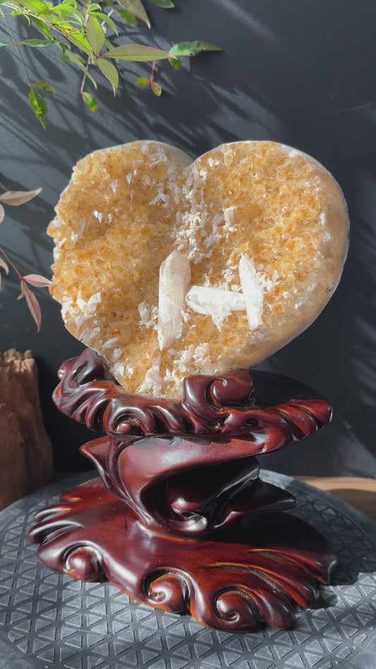 Large Brazilian Yellow Quartz & Calcite Coexisting Crystal Heart with Solid Wood Base
