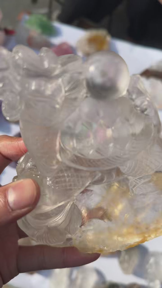 Natural White Quartz Dragon Turtle Crystal Decor Object with Rainbow