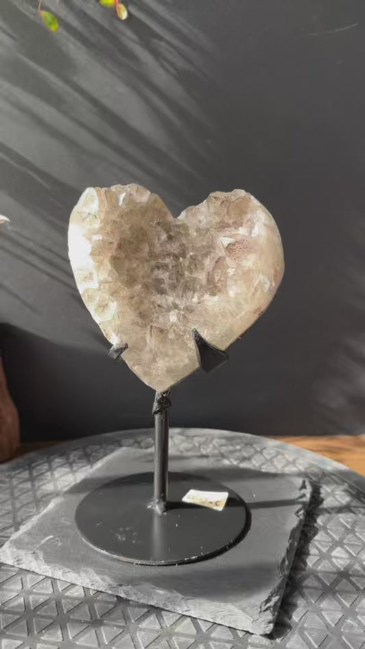 Brazilian Green Quartz & Black Tourmaline Coexisting Crystal Heart with Base